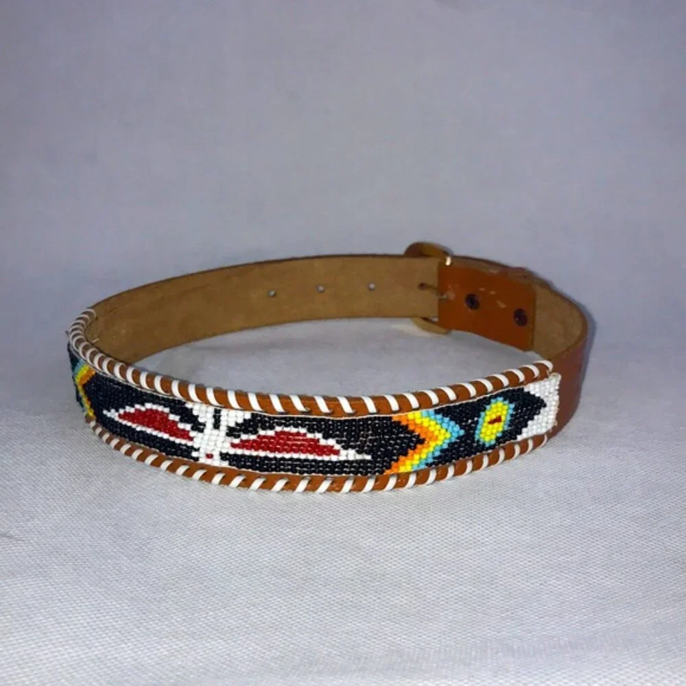 Native American Design Hand Beaded Leather Belt, Very Small Children's Size
